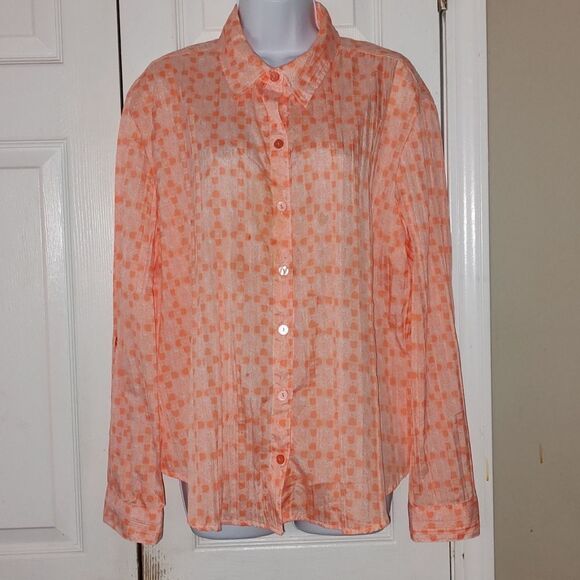 Chico's light orange and white pleated button down long sleeve shirt  Sz 3  (16) - Picture 1 of 7